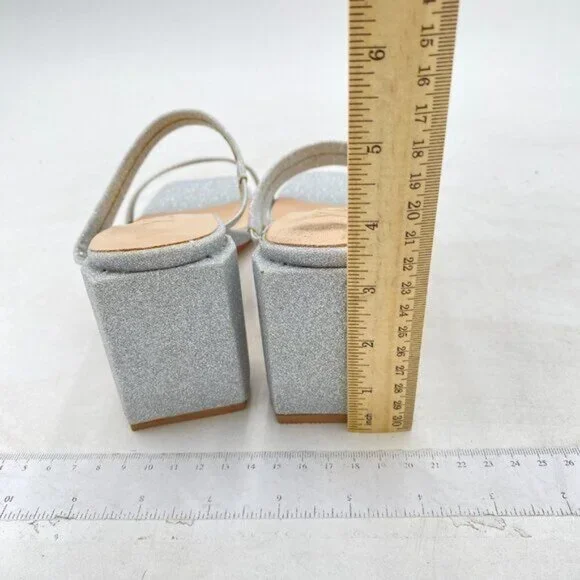 YDN Silver Glitter Open Square Toe Mules Block Heel Double Straps Sandals - Picture 5 of 8